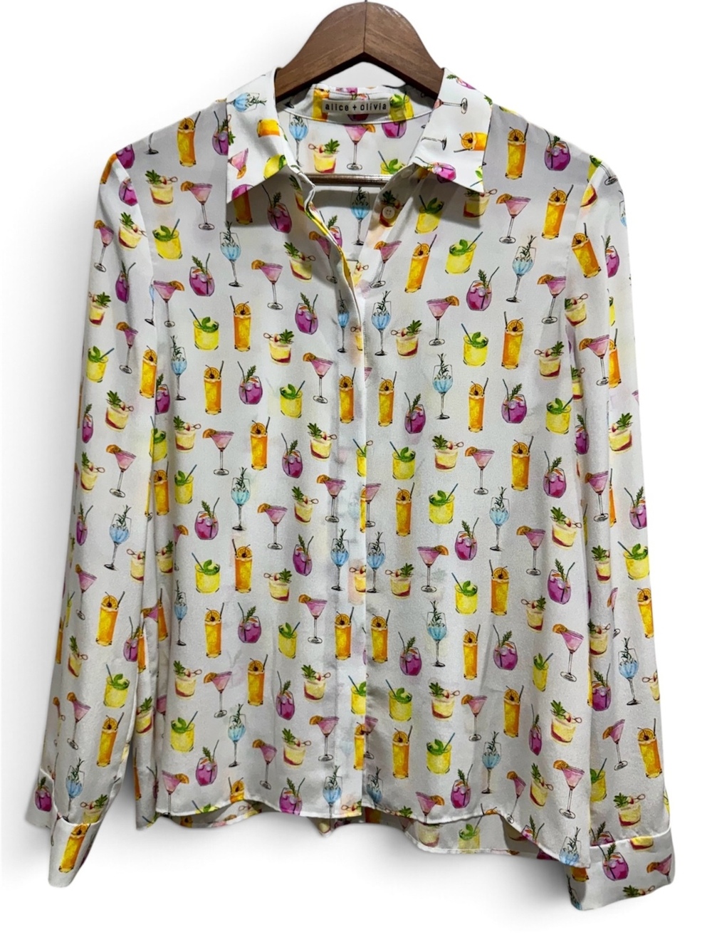 Alice + Olivia Willa Cocktail Print 100% Silk Blouse Medium